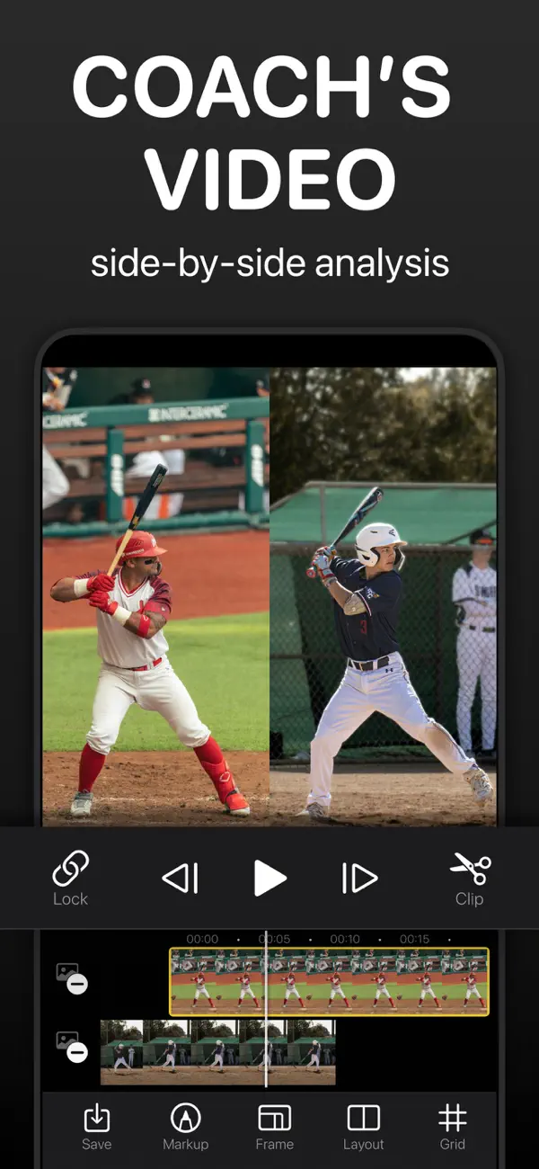 Coach Video Analysis app comparing two baseball swings side by side with synced timelines
