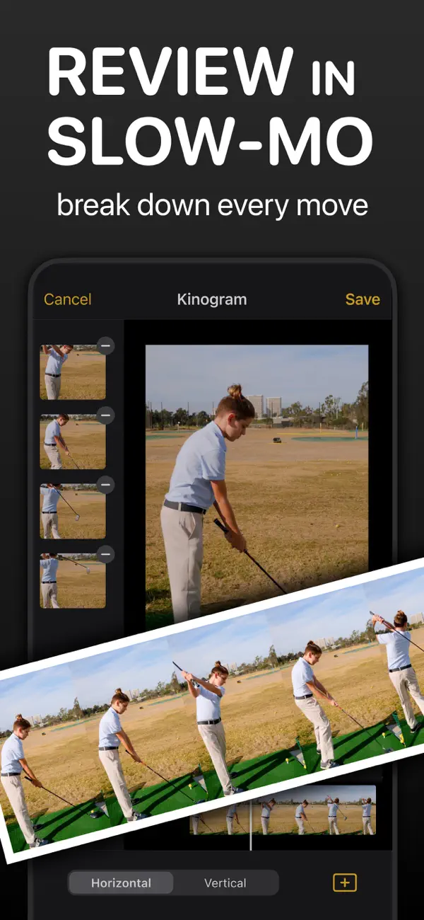 Kinogram screen exporting golf swing frames as one horizontal strip image
