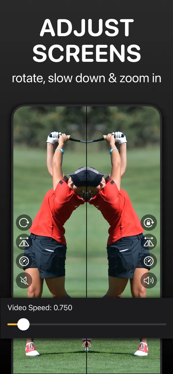 Per-video controls: rotate, flip, mute, and a video speed slider set to 0.75